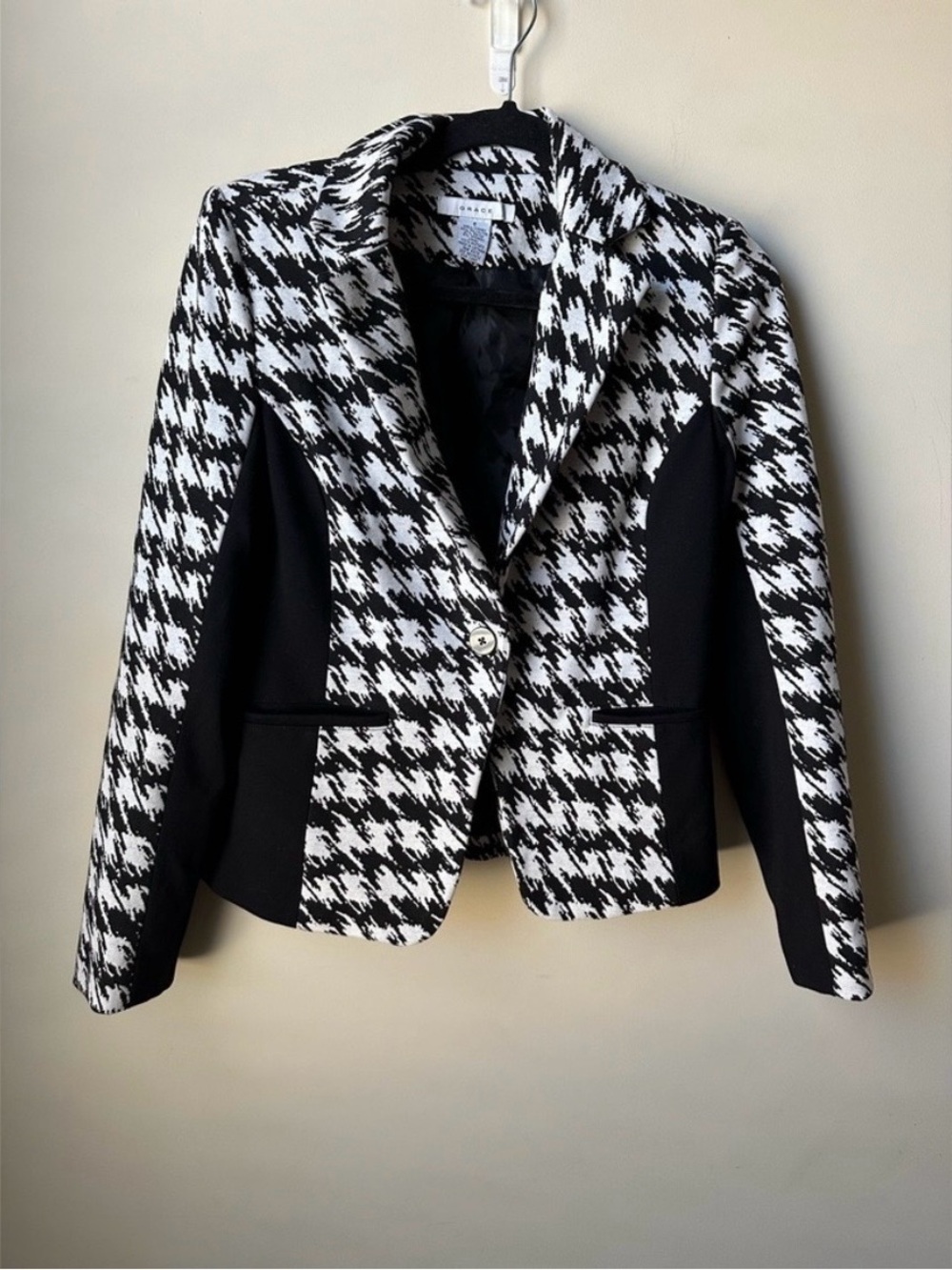 Grace Black White Houndstooth Plaid Blazer Single Button Suit Jacket OfficeChic